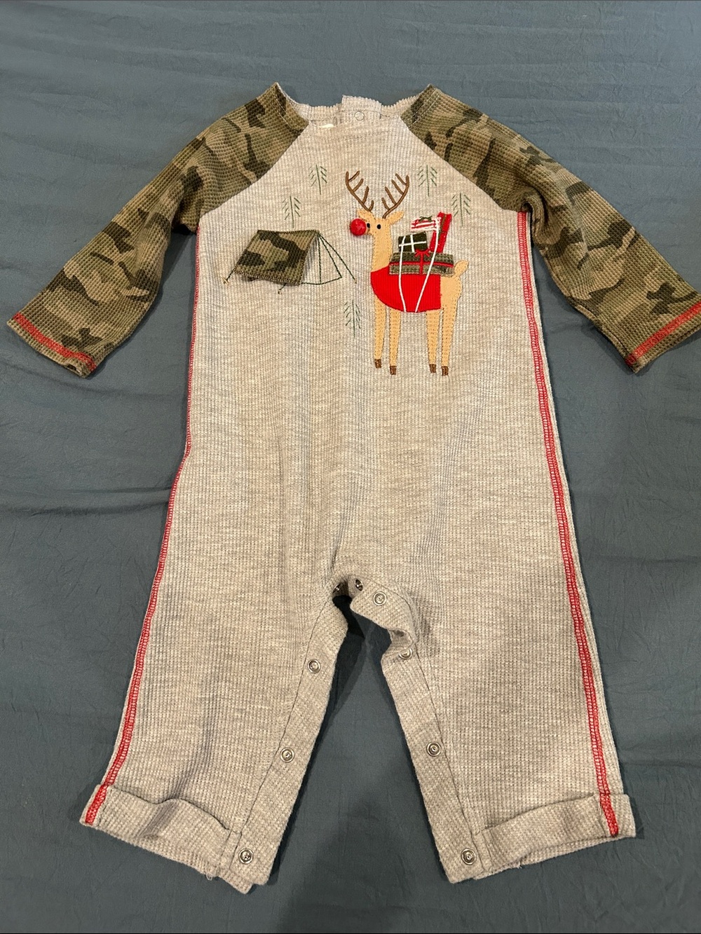 Mud Pie Gray Waffle-Knit Baby Romper with Deer Detail Christmas